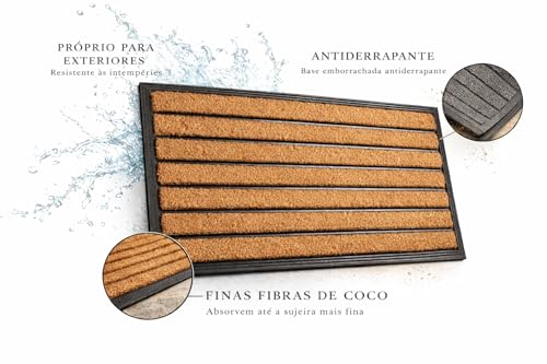 Tapete Capacho de Entrada Fibra de Coco Natural com Base Antiderrapante em Borracha 40x60cm Listrado para Porta Interna e Externa