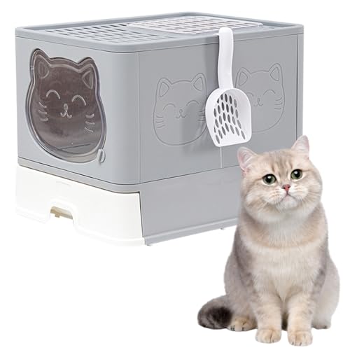 Wallfire 猫 トイレ 猫用トイレ本体 ネコトイレ 大容量 大型 2way出入り方法 砂の飛び散り防止 掃除簡単 脱臭抗菌 スコップ付き フルカバー 折りたたみ 組み立てしやすい 引き出し付き おしゃれ 人気 (グレー)