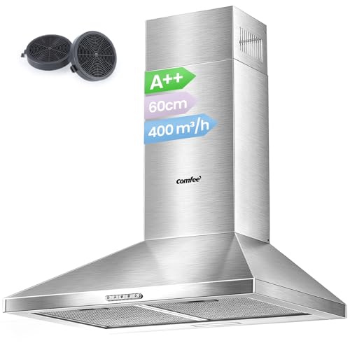 COMFEE 60 cm Chimney Cooker Hoods Class A++ Stainless Steel Extractor Hood with LED and Recirculating & Ducting System Wall Mounted Hood 600 mm with Carbon Filters