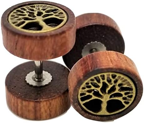Organic Wood w/Metal Tree of Life Emblem Stud Post Earrings - New - Pair!