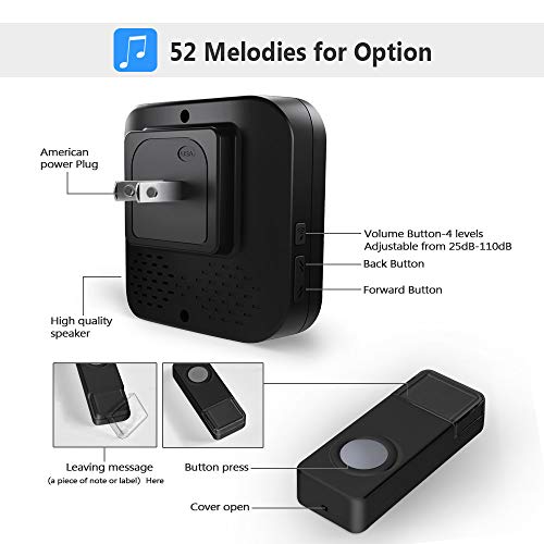 Wireless Doorbell Chime,BITIWEND Wireless Door Bell,Waterproof Cordless Door Chime Kit with 1000ft Range, 52 Ringtones,4 Level Volume,LED Indicator Door Bell,3 Push Buttons & 2 Receivers