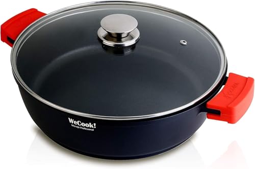 WECOOK! Ecostone Low Induction Casserole with Glass Lid, 32 cm, Non-Stick Xtra DUPON Eco-Friendly PFOA Cast Aluminium, 5 mm Thickness, 7.5 cm High, Silicone Handles, Glass Ceramic, Gas