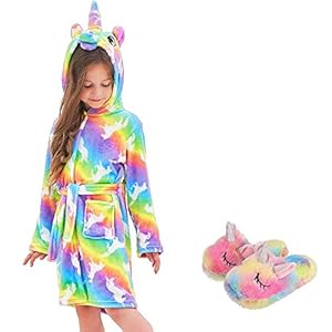 Ruiuzioong Kinderbadjas met capuchon en eenhoornschoenen met capuchon, badjas, nachtkleding, eenhoorn-cadeau voor…