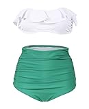 Bluetime Womens Ruffles High Waist Strapless 2 Piece Bikini Swimsuit Side Ruched