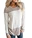 Vemvan Womens Long Sleeve Round Neck T Shirts Color Block Striped Casual Blouses Tops Brown