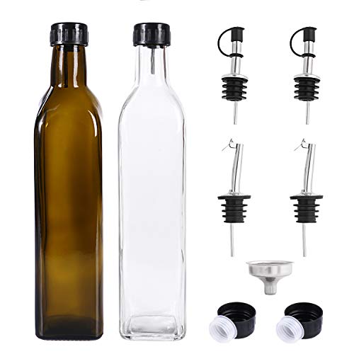 RUCKAE Olive Oil Dispenser Set,4 pcs 17oz Olive Oil Bottles + 4 pcs Olive Oil Spout+Funnel,Olive Oil Bottle and Vinegar Bottle Glass Set for Kitchen