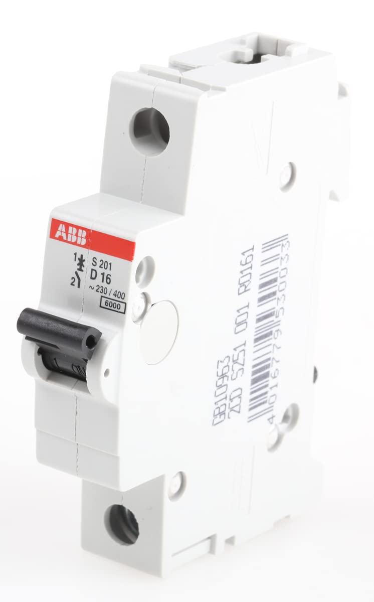 ABB S201-D16 Miniature Circuit Breaker, 1 Pole, Type D, 6/10kA Breaking Capacity, 16 Amp Current (2CDS251001R0161)