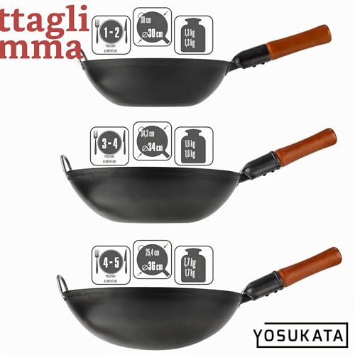YOSUKATA Professional Wok Pan 36 cm – Traditional Round Base in Preconditioned Carbon Steel – Original Chinese – Large Pot – Compatible with Gas and Open Fire (Black)
