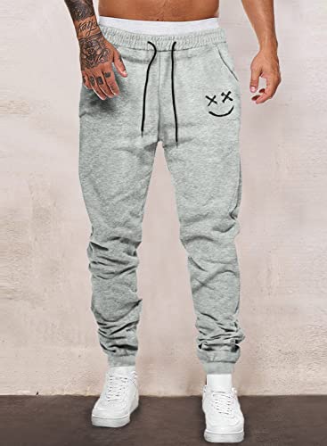 Acelitt Men\'s Athletic 2022 Gym Workout Running Drawstring Smiley Jogging Joggers Pants Sweatpants with Pockets Gray Small
