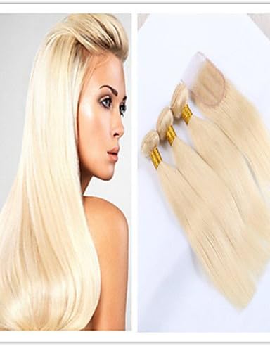 IJKIU JFF/ 4Pcs/Lot Virgin Human Hair Weft Weave Unprocessed 613 Blonde Straight Hair Bundles With Top Lace Closure