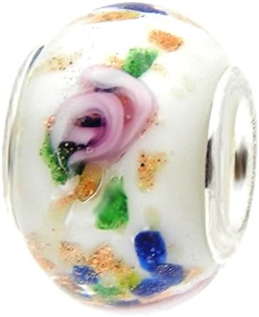 Cherityne Unique Hand Painted Roses with Gold Sparkles Fit Pandora Charm Silver Plated Bead