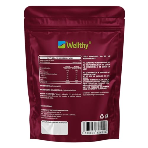 Wellthy L-Arginina 1200mg 100 Caps. 100% Pura y Natural, 50 Porciones por Envase, Alta Pureza con Certificaciones Internacionales, Bottle Free
