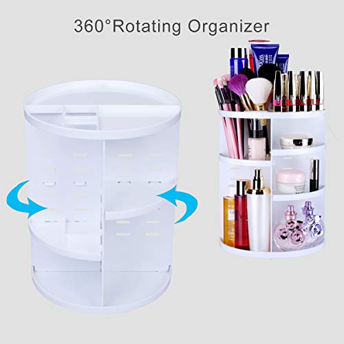 EMOCCI 360 Rotating Makeup Organizer Adjustable Spinning Cosmetic Storage Box Case Large Capacity Make Up Holder Vanity Shelf Fits Counter top Bathroom Kitchen(white) - Thumbnail 2