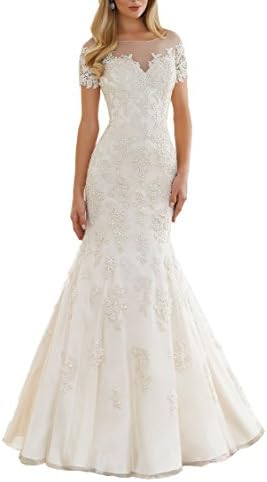 Elley Women's Scoop Mermaid Lace Applique Sheer Back Formal Tulle Beach Wedding Dress Ivory US2