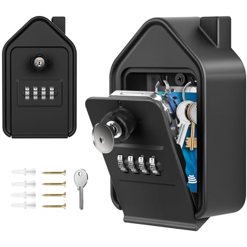 JUYANO Key Box, Large Secured Outdoor Key Box with 4 Code & Emergency Keys Aluminium Alloy Wall Key Box for School Garage Airbnb (Black)