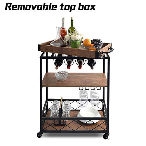 charaHOME Industrial Kitchen Serving Carts Rolling Bar Cart with 3 Tier Storage Shelves Kitchen Island Cart with Wine Glass Holder,Handle Racks,Lockable Caster Liquor Cart Removable Top Box Container