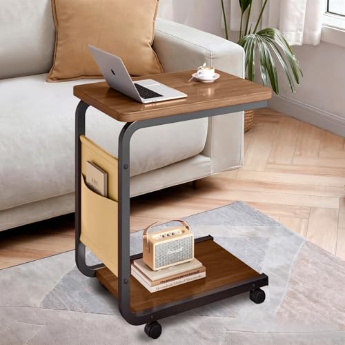 RUKKOVIL Mesa Auxiliar Sala con Ruedas, Mesa para Cama de Noche 2 Niveles en Forma de C, Mesitas para Sala con Estructura de Metal, Dormitorio, Trabajar Desde Casa, para Estudiar, Salón