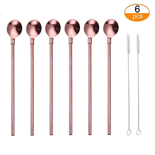 Besokuse Spoon Drinking Straws,6 PCS Stainless Steel Reusable Spoon Straws Drinking Spoon Straws 8" Long for 20oz Tumblers Cups Mugs Cold Beverage (Rose Gold, 8")