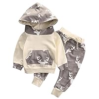 Thrivqyaf Baby Boy 2 Pieces Long Sleeve Deer Hoodie Sweatsuit Pants Outfit Set (0-6 Months, Yellow)