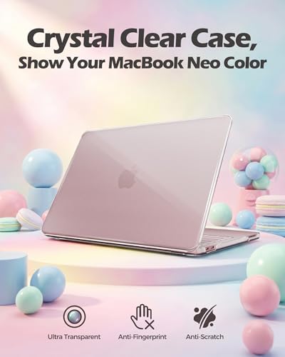 ProCase Hard Shell Case for New MacBook Neo 13 inch 2026 Model A3404, Ultra-Thin Protective Laptop Cover with 50 Pcs Sticker, Crystal Clear & Pink Stickers