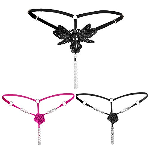 Joeyer 6 stuks damesstring tanga's zwart ondergoed met kant parel - Image 7