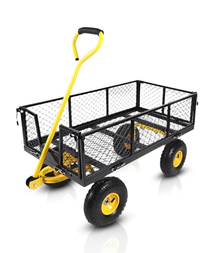 Steel Garden Cart, 900 Lbs Heavy Duty Garden Wagon, with Removable Mesh Sides to Convert Into Flatbed, 408.2Kg Load 180° Rotating Handle Gorilla Cart, 10 in Tires, for Garden,Yard