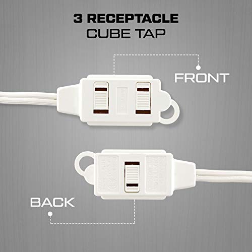 4 feet White Extension Cord, 3 Outlet 2 Prong 16 Gauge Cable, Indoor use, 3 Receptacle Cube Tap