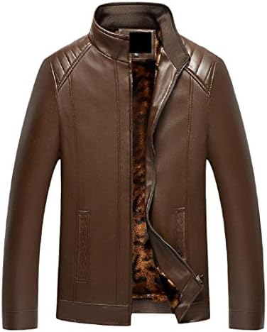 Colourful Men Stand Collar Leather Zip Up Solid Thicken PU Jakcet Overcoat Brown 2XL