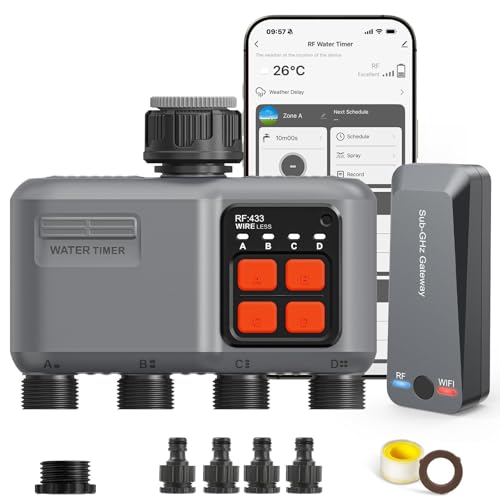 johgee 4 Way WiFi Irrigation Timer with RF 300M Technology, WiFi Irrigation Control, Compatible with Alexa & App, Watering Timer with 2 Modes & Rain Delay for Garden, Lawn