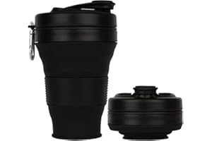 Collapsible Camping Cup with Straw Silicone Folding Coffee Cup Sport Bottle Portable Travel Outdoor Car 600ml 20oz (Black-600