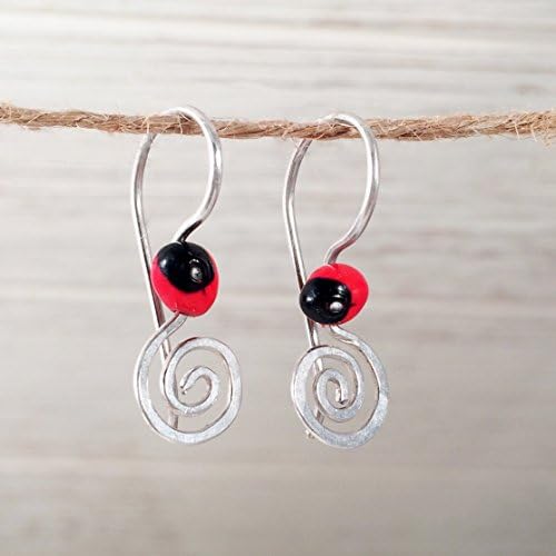 Dangle Drop Hook Sterling Silver 925 Earrings with Red and Black Huayruro Seed, Peruvian 'Good Fortune' Nazca Monkey Tail, Polished finish, Handmade in Peru. Great Gift Set