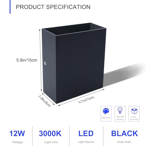 KICAAO LED Wall Sconces Set of Two, 12W Modern Wall Light, Hardwired Aluminum Wall Lamp,Black Up Down Wall Mount Lights for Living Room Hallway Bedroom Decor