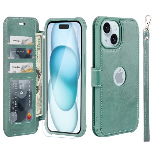 VANAVAGY Compatible for iPhone 15 Plus/14 Plus Wallet Case, PU Leather Flip Cover with Wrist Strap RFID Blocking Card Holder for Wireless Charging,[Screen Protector & Camera Cover],Forest Green