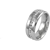 Savlano 8MM Stainless Steel Eternity Middle Single Row Cubic Zirconia Engagement Band for Men & Women. Comes with Gift Box