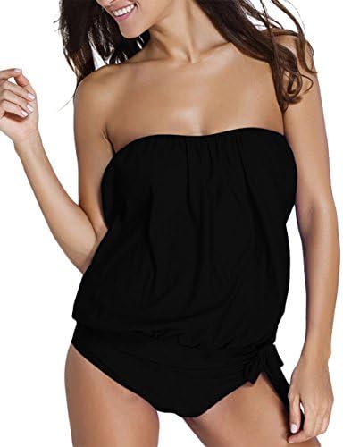 Fover Women's Two Piece Swimsuit Padded Blouson Tankini Set w/Triangle Brief