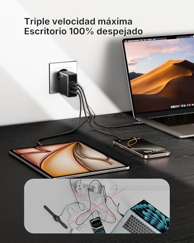Cargador USB C GaN 100W, 3-Puertos Cargador Rápido Compacto con Cable USB C de 100W 1.5m, Cargador de Viaje para Portátil MacBook Pro Air 14, iPhone 17 16 Pro Max iPad Samsung S26 S25 Ultra Pixel