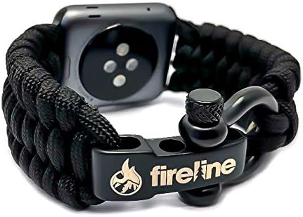 FireLine Paracord Watch Band for 42mm and 44mm Apple Watch, Replacement Strap with Rugged Outdoor Survival Stainless Steel Shackle and 550 Paracord (Black/Black, Large)