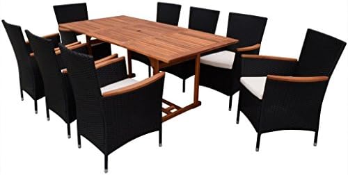 Directsale Patio Rattan Wicker Outdoor Dining Set Garden Furniture Chairs Wood Table, Brown Table Black Chairs for 8 People, Outdoor Dining Set with Umbrella Hole, Outdoor Dining Set 9 Piece