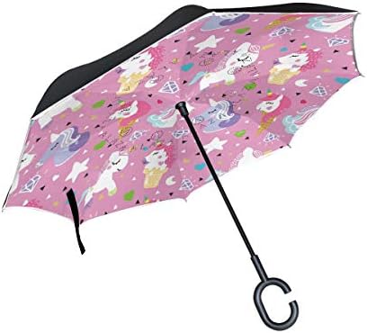Inverted Umbrella Cute Unicorncute Double Layer Reverse Umbrella for Car Windproof UV Protection Big Straight with C-Shaped Handle