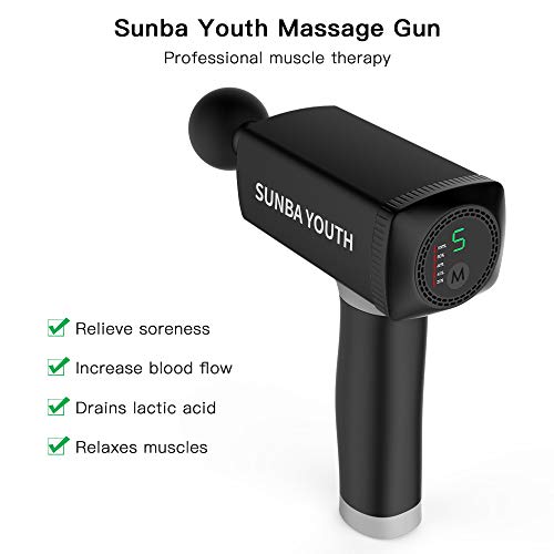 Massage Gun,SUNBA YOUTH Powerful Handheld Deep Tissue Muscle Massager,Rechargeable Cordless Percussion Massager with 5 Massage Heads& Portable Bag(Black)