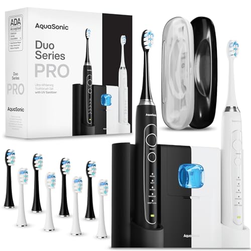 Aquasonic - Duo Series PRO UV Electric Toothbrush | ADA Accepted Electric Toothbrushes with UV Sanitizer | Inductive Charging Base | 5 Modes with Smart Timers | 10 Proflex Brush Heads & 2 Travel Cases