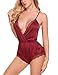 ADOME Women Lingerie Bodysuit V Neck Teddy Lace Babydoll Satin Pajamas Nightwear (M, Wine Red)