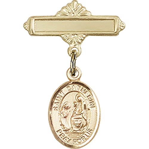 Gold Filled Baby Badge with St. Catherine of Siena Charm and Polished Badge Pin 1 X 5/8 inches