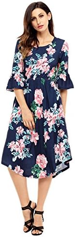 Women's Casual Loose Pocket Dress Floral Summer Dress 3/4 Bell Sleeve Midi Swing Dress