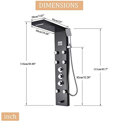 Rozin Thermostatic Rain Waterfall Shower Panel Set Tub Spout + Massage Body Jets + Handheld Spray Ti-Black Finish
