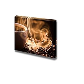 Canvas Prints Wall Art - White Smoke Rising from Hot Coffee with Coffee Seeds/Beans | Modern Wall Decor/Home Decoration Stretched Gallery Canvas Wrap Giclee Print & Ready to Hang - 16" x 24"