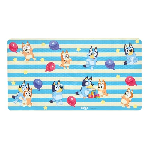 Bluey Bath Mat for Kids, Toddlers and Babies, 15.5 by 22 Inch, Non Slip, Bathtub Mat with Suction Cups, Machine Washable, Cushioned to Protect, Easy to Clean, Official Bluey Characters