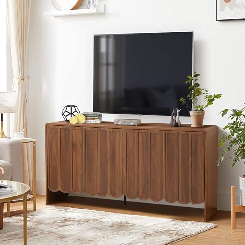 Sideboard Buffet Cabinet, Accent Storage Cabinets with 4 Doors, Farmhouse Wood Cabinet with Adjustable Shelves and Wave Panel for Living Room, Dining Room, Entry - Walnut