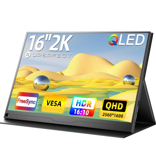 Uperfect 16 Inch 2.5K QLED Portable Monitor with 2560 x 1600 2000:1 High Contrast Ratio 500 Nits QHD Screen HDMI USB C for PC Laptop Mobile Phone Xbo Switch PS-4/5, Portable Display VESA Compatible