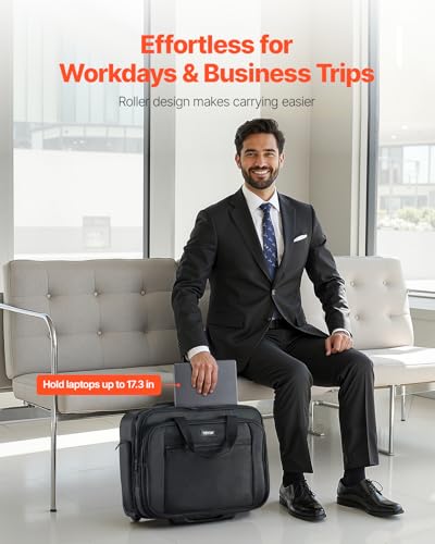Laptop Trolley, passend für Laptops bis zu 17,3 Zoll (44 cm), Aktenkoffer, Notebooktasche mit Rollen und Teleskopgriff, Laptoptasche für Arbeit, Reisen, Büro, 450x210x370 mm (Schwarz)